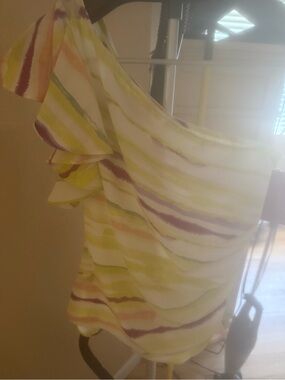 Jennifer Lopez One-Shoulder Ruffle Blouse in White, Yellow, Pink and Purple